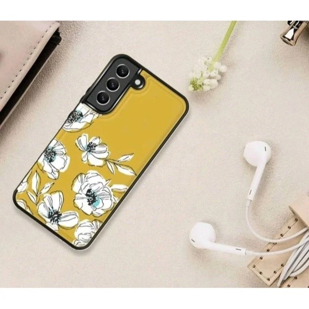 NEW Samsung Galaxy S23 Yellow Floral Folding Wallet Phone Case White Protector